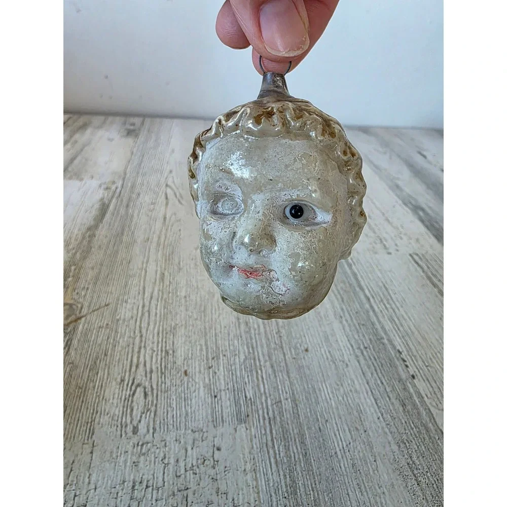 Antique head child milk glass eyes mercury glass ornament Xmas tree